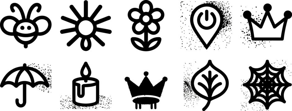 Urban sketch graphic set template. Spray line, flower bee sun crown pin leaf candle web icon pack. Power pin, umbrella outline, aerosol dust, spider network. Indie festival style. Stencil art decal