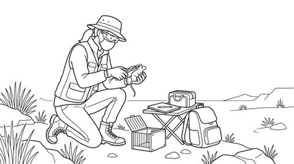 Obraz premium A scientist wearing a hat and mask kneeling while examining a small animal in the field.