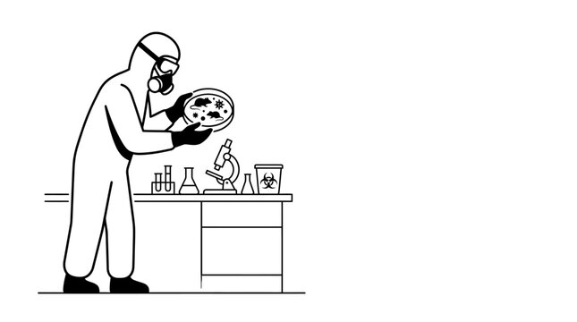 A scientist wearing protective hazmat gear analyzing a petri dish in a laboratory setting.