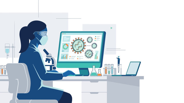 A scientist woman working in a laboratory with digital medical data on a computer.