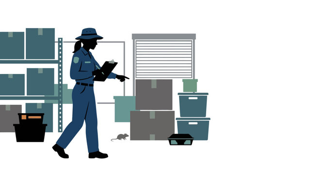 A silhouette of a female warehouse worker inspecting inventory boxes.