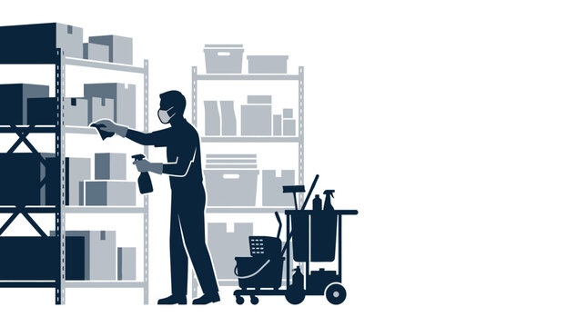 A silhouette illustration of a professional cleaner disinfecting shelves in a warehouse.