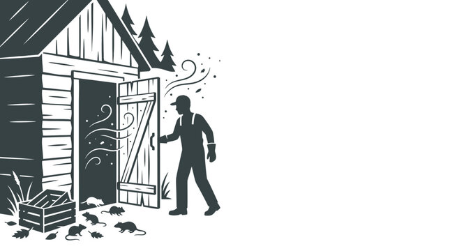 A silhouette of a man discovering a rat infestation inside a storage shed.