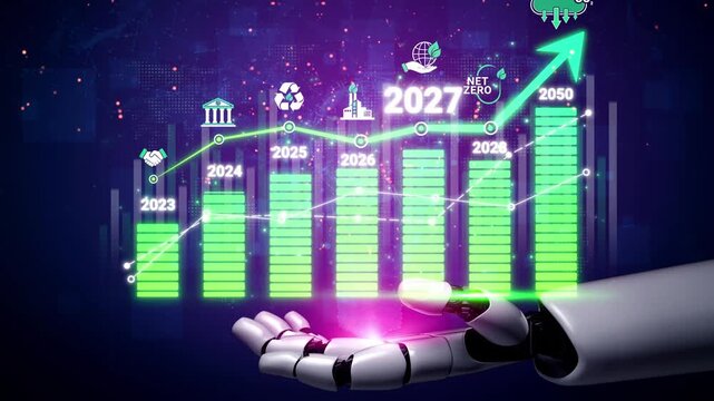 Futuristic Robot Hand Presenting Growth Stats and Projections for Net Zero Goals from 2023 to 2050 with Graphs and Icons Representing Sustainability Sigmoid