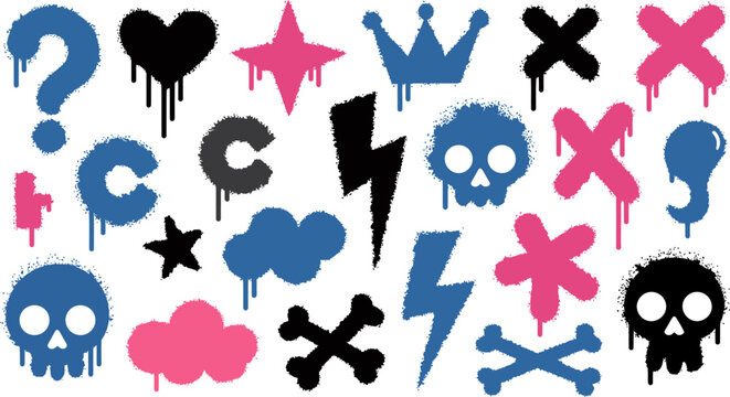 Urban graffiti stencil symbol sheet layout. Spray heart, crown question exclamation cross mark. Loop scribble, aerosol dust, liquid leaks, plus sign. Hiphop typography media. Skateboard print art