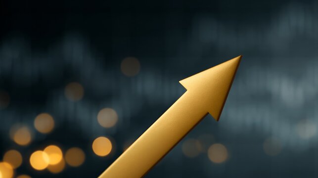 Golden upward arrow on financial data backdrop