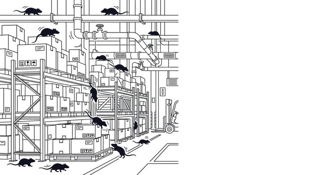 A swarm of rats infesting a cluttered warehouse storage facility.