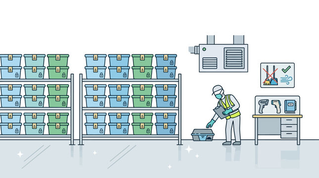 A warehouse worker inspecting stored boxes in a modern logistics facility.