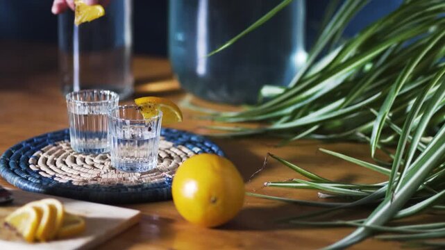 Hand squeezing orange juice into shot of mezcal or tequila