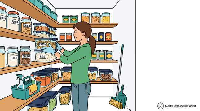 A woman organizing and cleaning pantry shelves with storage containers.