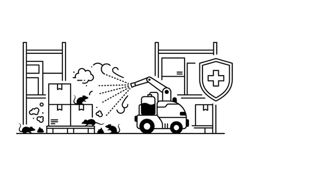 Automated pest control vehicle spraying chemicals in a warehouse.