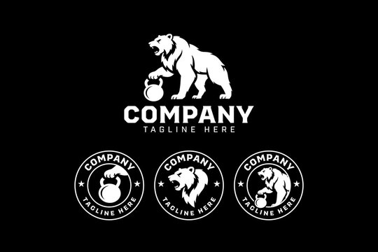 Wild bear and kettlebell modern badge logo design set for gym and fitness. Grizzly kettlebell gym logo design set for weightlifting and bodybuilder