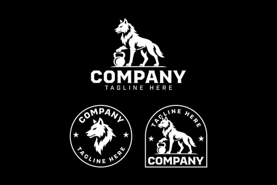 Jackal and kettlebell modern badge logo design set for gym and fitness. Wild wolf kettlebell gym logo design set for weightlifting, bodybuilder and sports
