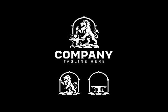 Lion blacksmith modern logo design for workshop and garage. Lion with hammer, anvil and forge scene badge logo design pack for construction and metalwork