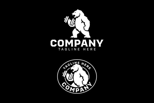 Bear holding dumbbell geometric logo design set for weightlifting and bodybuilder. Roaring grizzly with dumbbell modern badge logo design set for gym, fitness and workout sport