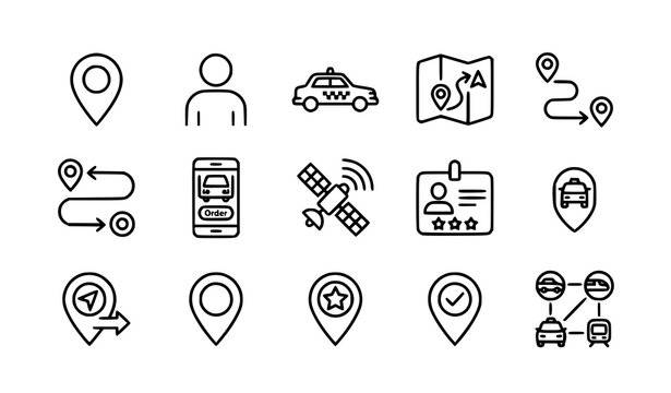 Ride sharing outline icon set taxi navigation and passenger vector isolated on white background
