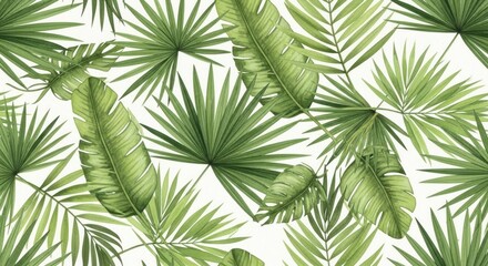 Fototapeta premium A vibrant pattern of various tropical leaves in shades of green, arranged intricately on a plain white background.