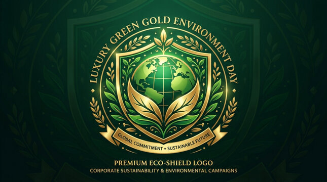 Luxury green gold eco shield logo for corporate sustainability and environmental campaigns on green background