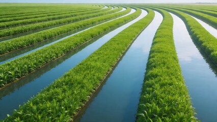 Naklejka premium Rows of crops in flooded fields