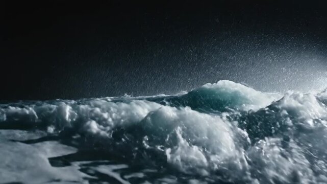 Powerful ocean wave curling and crashing at night, with dramatic dark background and luminous foam, oceanography and marine nature concept