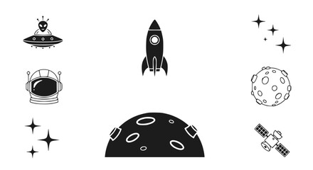 Space Travel Icons: Rocket, UFO, Astronaut, Moon, Satellite, Stars © Janganan