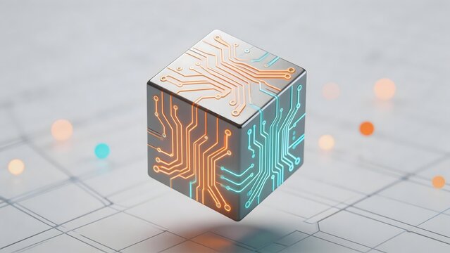 Circuit board cube with glowing lines