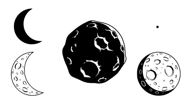 Stylized Celestial Bodies: Crescent Moon, Cratered Planet, Full Moon Phases Icon Set