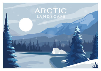 Snowy arctic scene with icy lake, pine trees and distant mountains in soft stylized art on a pale sky background, expressing cold wilderness concept. Vector illustration © 100% HAND-CRAFTED