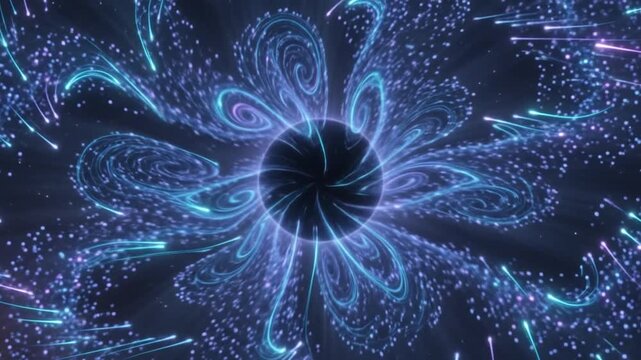Cosmic spiral galaxy swirling in deep space with glowing blue stars and dark center