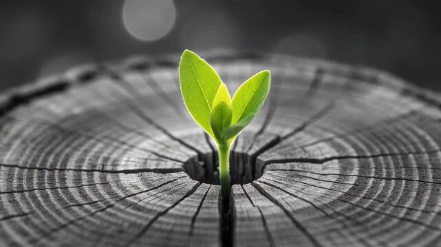 Vibrant green sprout emerges from a weathered tree stump, symbolizing new beginnings and resilience