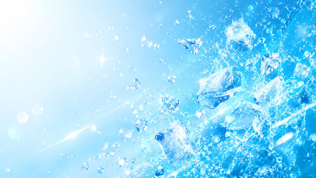 Cool ice cubes falling into sparkling blue water with splashes