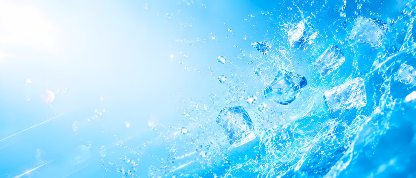 Fresh ice cubes splashing in clear blue water with drops