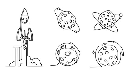 Obraz premium Minimalist line art rocket launch and planets, space exploration doodle.
