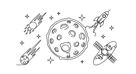 Cosmic Adventure: Rocket, Moon, Satellite, Meteors, Stars - Minimalist Line Art © Janganan