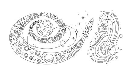 Whimsical Spiral Galaxy with Rocket Ship, Planets, Stars and Nebula - Line Art © Janganan