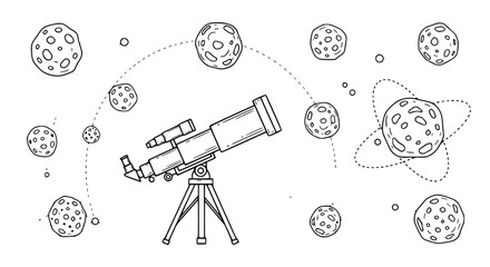 Hand-drawn telescope observing asteroids and planets in outer space galaxy © Janganan