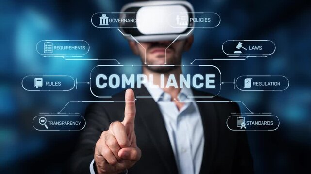 A business professional uses virtual reality technology to explore key concepts of compliance including governance, laws, and standards in a modern corporate setting. Raster