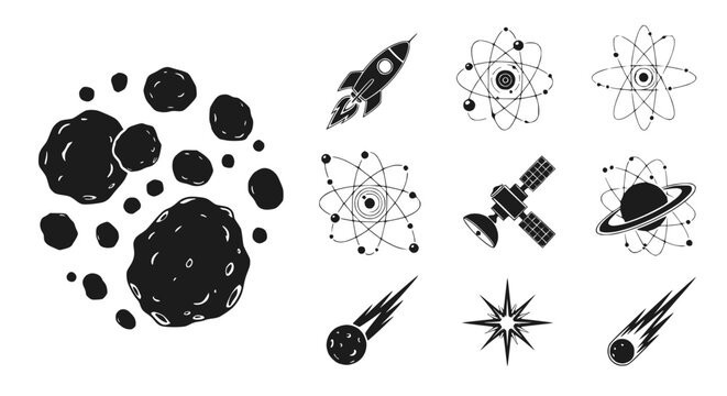 Space Icons: Rockets, Satellites, Atoms, Asteroids, Comets, Planets, Stars