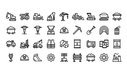 Mining and Heavy Construction Machinery Thin Line Icon Set Excavator Dump Truck Vector © MdSakib