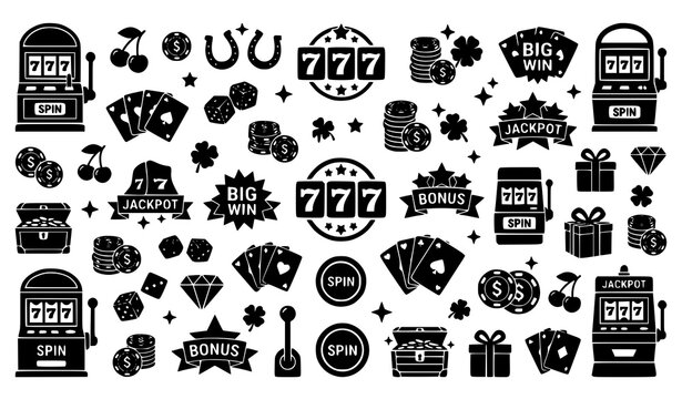 Modern slot machine casino silhouette icon set with jackpot triple seven and big win gambling symbols vector illustration