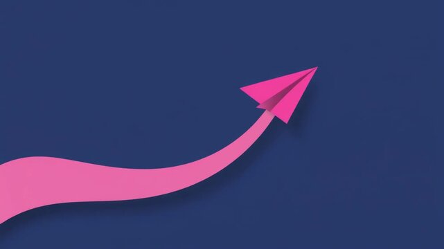 Pink paper airplane soaring on an upward curved path against a blue background, representing progress