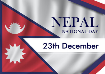 Fototapeta premium Flag of Nepal with holiday text in clean graphic style on soft light background, symbolizing national pride and celebration. Vector illustration