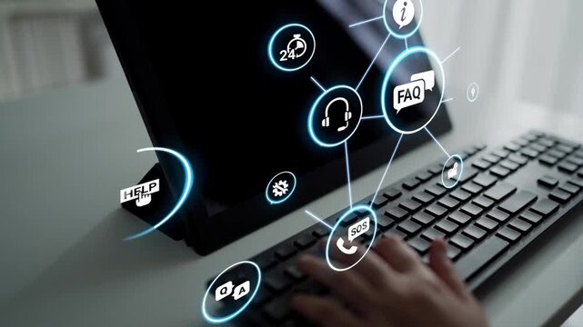 FAQ and online help icons show question, answer, and support system. FAQ improves online help experience, customer service quality, and FAQ knowledge access. Funnel