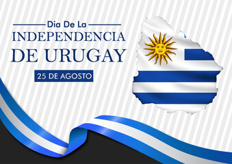 Fototapeta premium Map of Uruguay with national flag and festive ribbon in clean graphic style on light striped background, concept of independence celebration. Vector illustration