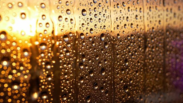 Water droplets on window glass with golden sunset and bokeh lights, abstract moody background, rain pattern texture