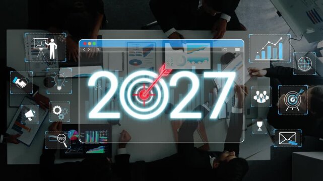 Futuristic Business Meeting with Target Year 2027, Data Charts and Technology Conceptualization for Strategic Planning and Collaboration Sigmoid