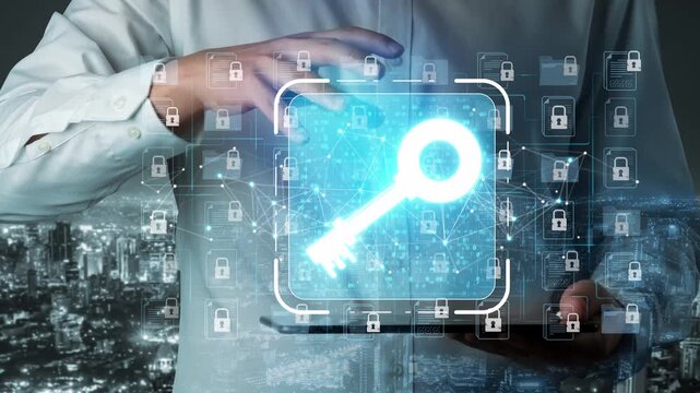 Digital Security Concept with Futuristic Key Icon and Lock Symbols Representing Cyber Protection and Safe Data Management in Urban Background Sigmoid