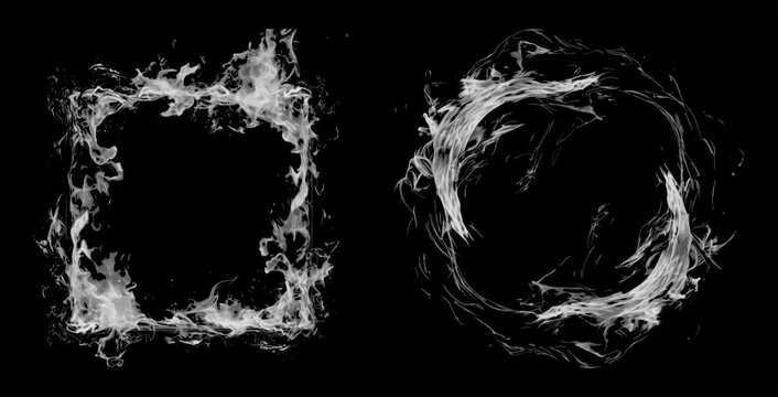 Glowing fire frame and circle ring smoke vectors on black background for product showcase and social media border