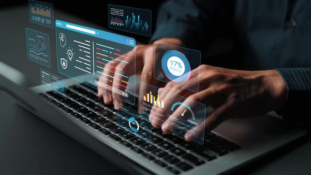 Hands typing on laptop with data charts and security icons overlay showing analysis, statistics, and technology insights in a dark modern workspace Gluon.