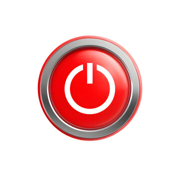 Glossy red power button with a metallic silver border rendered in 3D on transparent background
